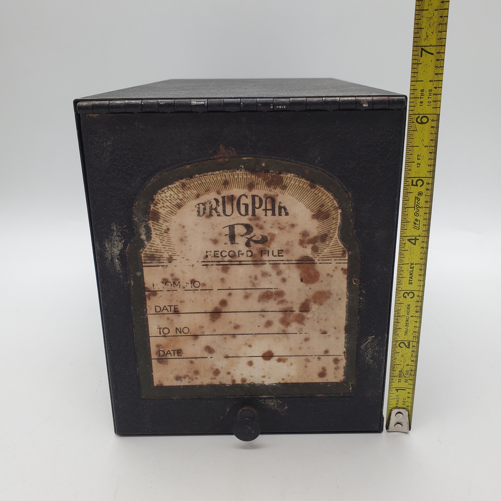 Vintage Black Metal Drugpak Rx Prescription Record File Pharmacy Box, Apothecary