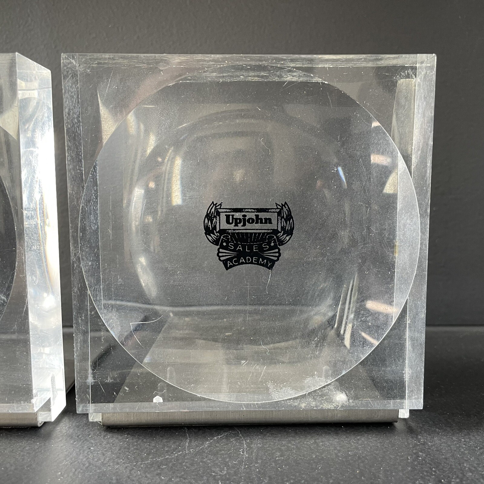 Vintage Upjohn Pharmaceutical Company Lucite Block Bookends Advertising Branding