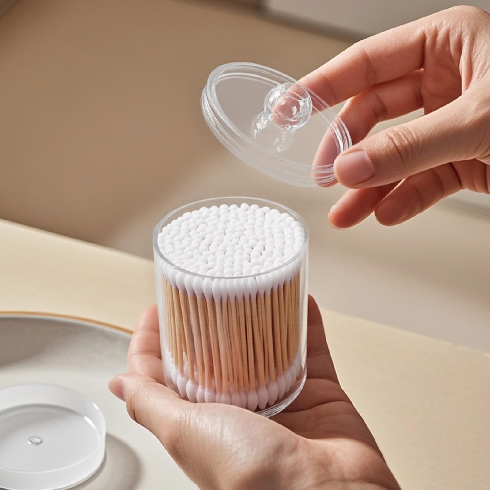 Q Tip Holder for Bathroom, 2-Pack Clear Plastic Apothecary Jars with Lids Set…