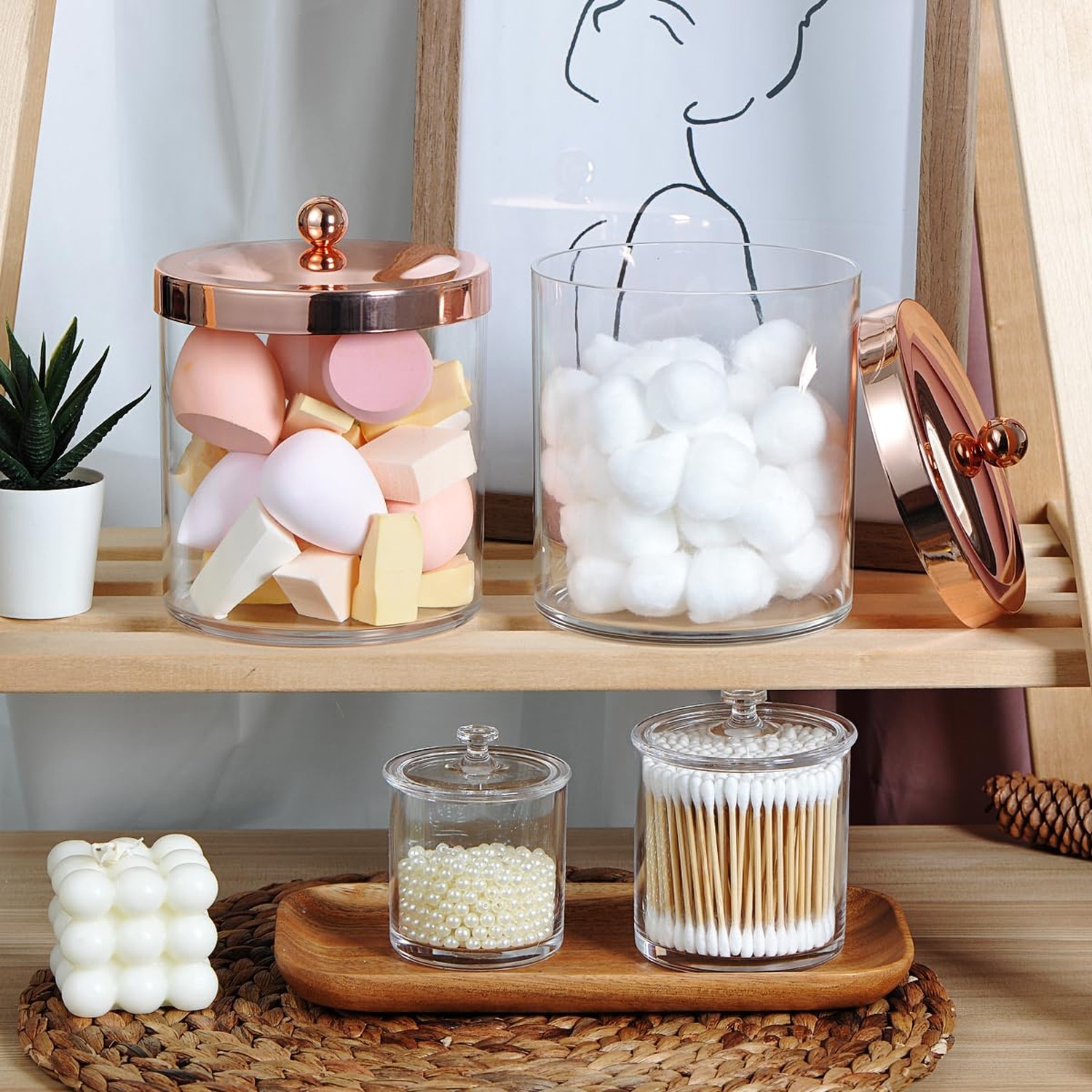 SheeChung 3-Pack Plastic Apothecary Jars with Rose Gold Metal Lids – Large 50…