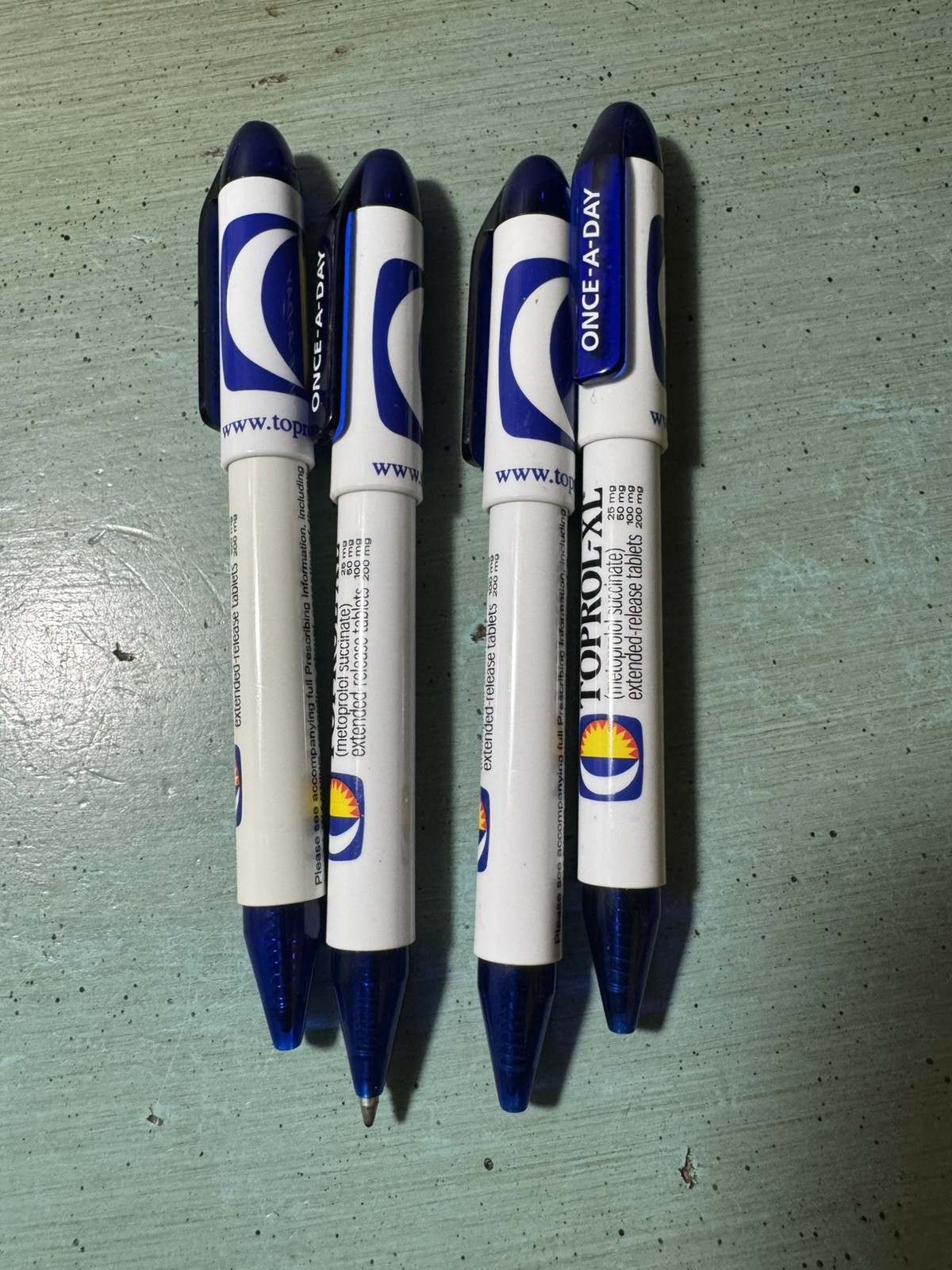 TOPROL-XR PENS: Blue & White, Plastic, Pharmaceutical Promo NEW Lot of 4