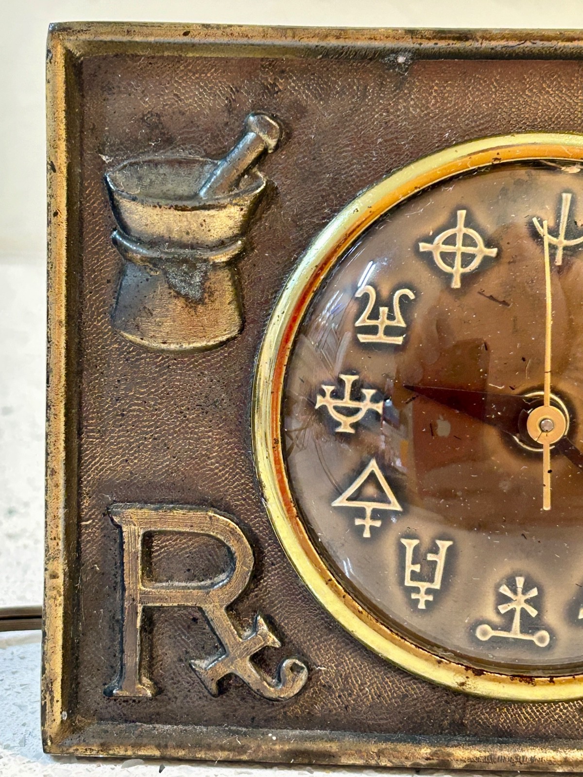 Vintage Pharmacist Apothecary with Alchemy Symbol Rx Pharmacy Desk Clock – Works