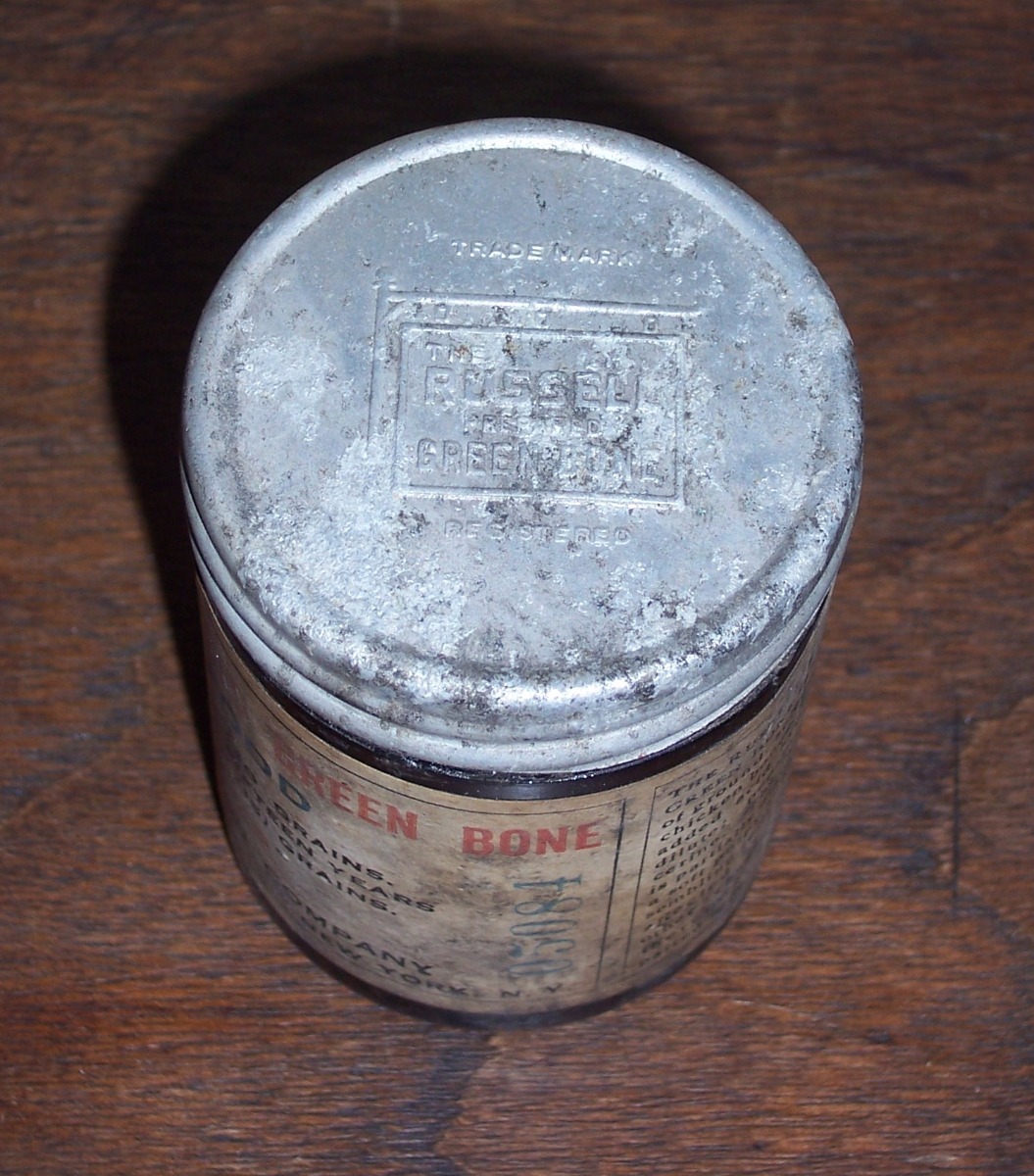RUSSELL PREPARED GREEN BONE LIME FOOD – Dr. John F. Russell Old Medicine Jar