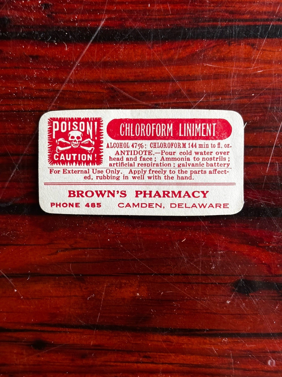 Vintage Brown’s Pharmacy Camden DE Drug Bottle Poison Label Choroform Liniment