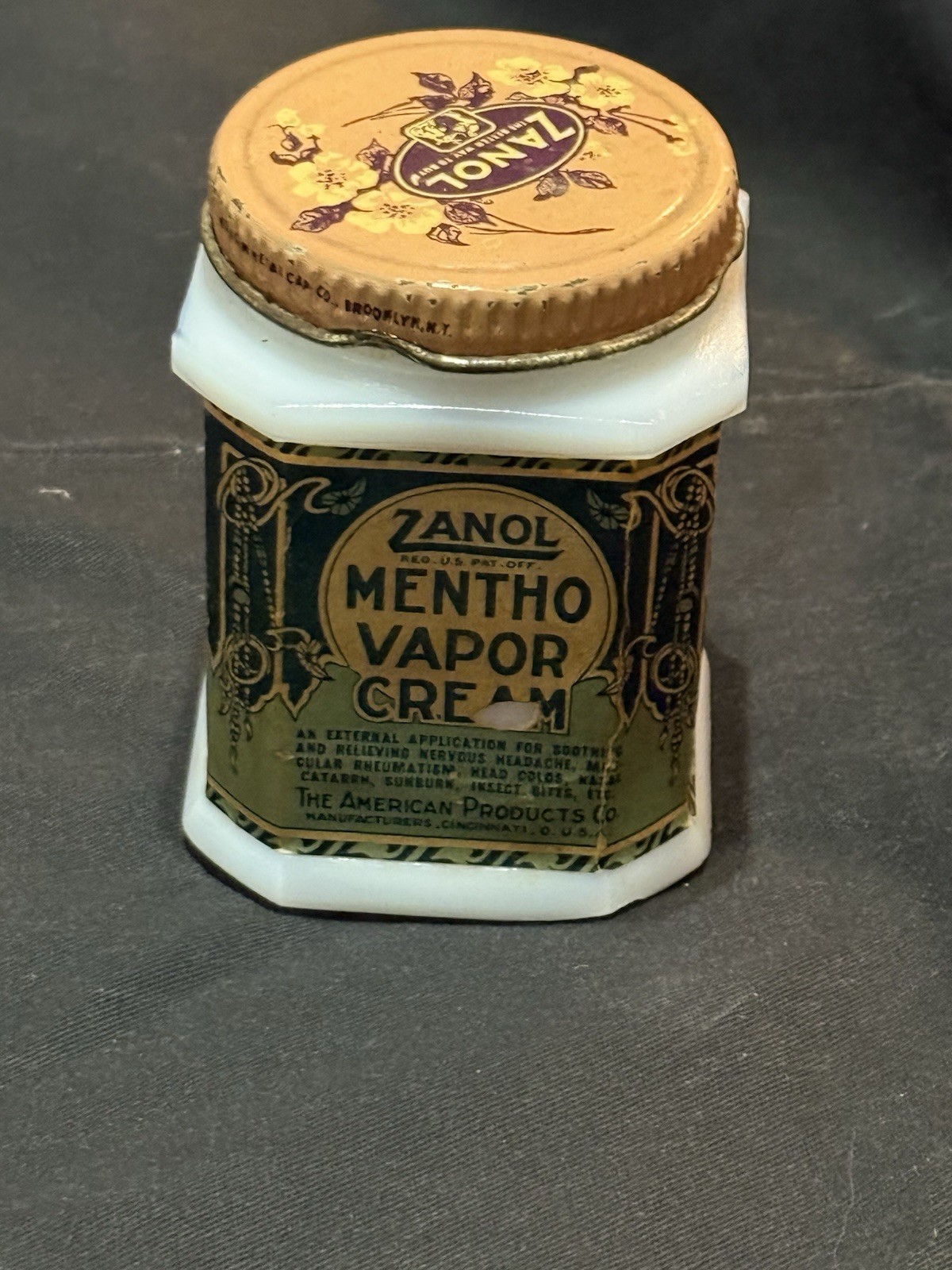 vintage Zanol Mentho Vapor Cream jar Milk Glass Good Condition 3” Tall With Lid