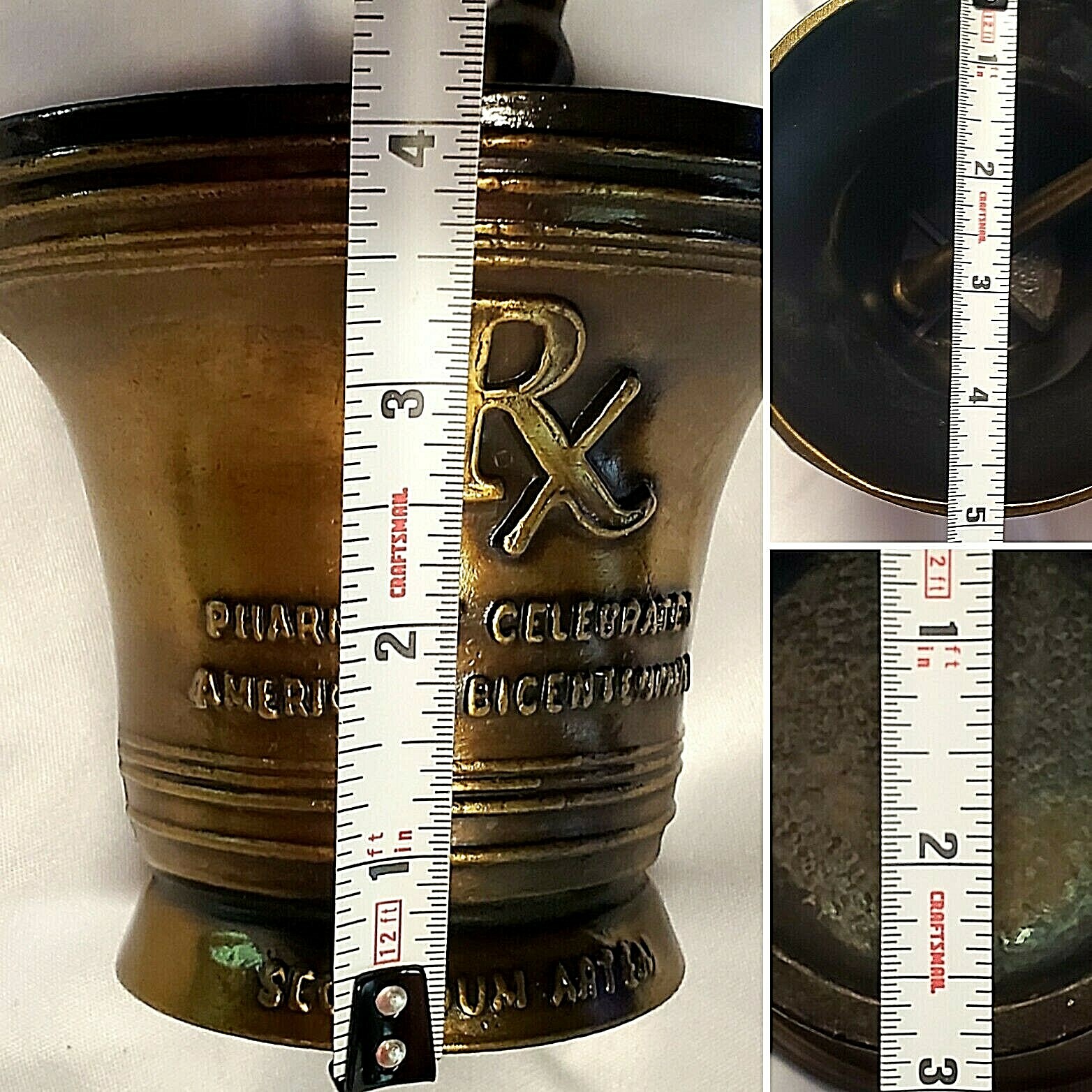 BRASS 1976 RX MORTAR & PESTLE BICENTENNIAL LIBERTY BELL GARAMYCIN ON PESTLE