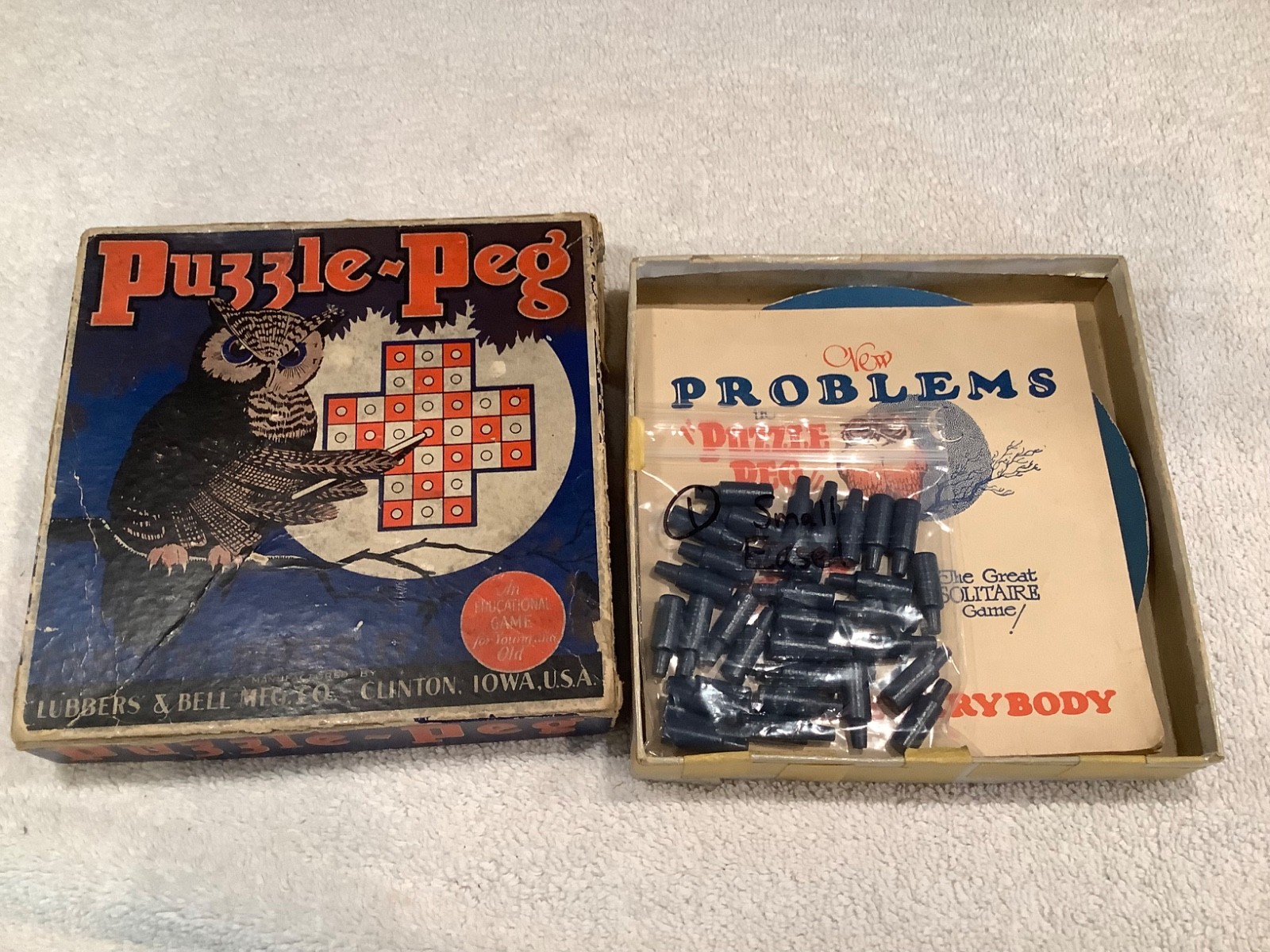VTG 1920s Puzzle-Peg Game Lubbers & Bell Clinton Iowa Wood Board Pegs Booklet