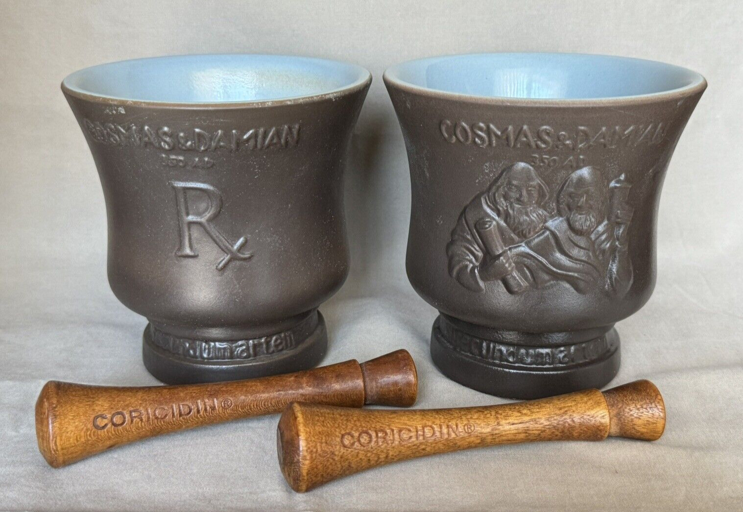 Pair- Schering 1966 Coricidin Cosmas & Damian Ceramic Mortar & Pestles 5″ tall