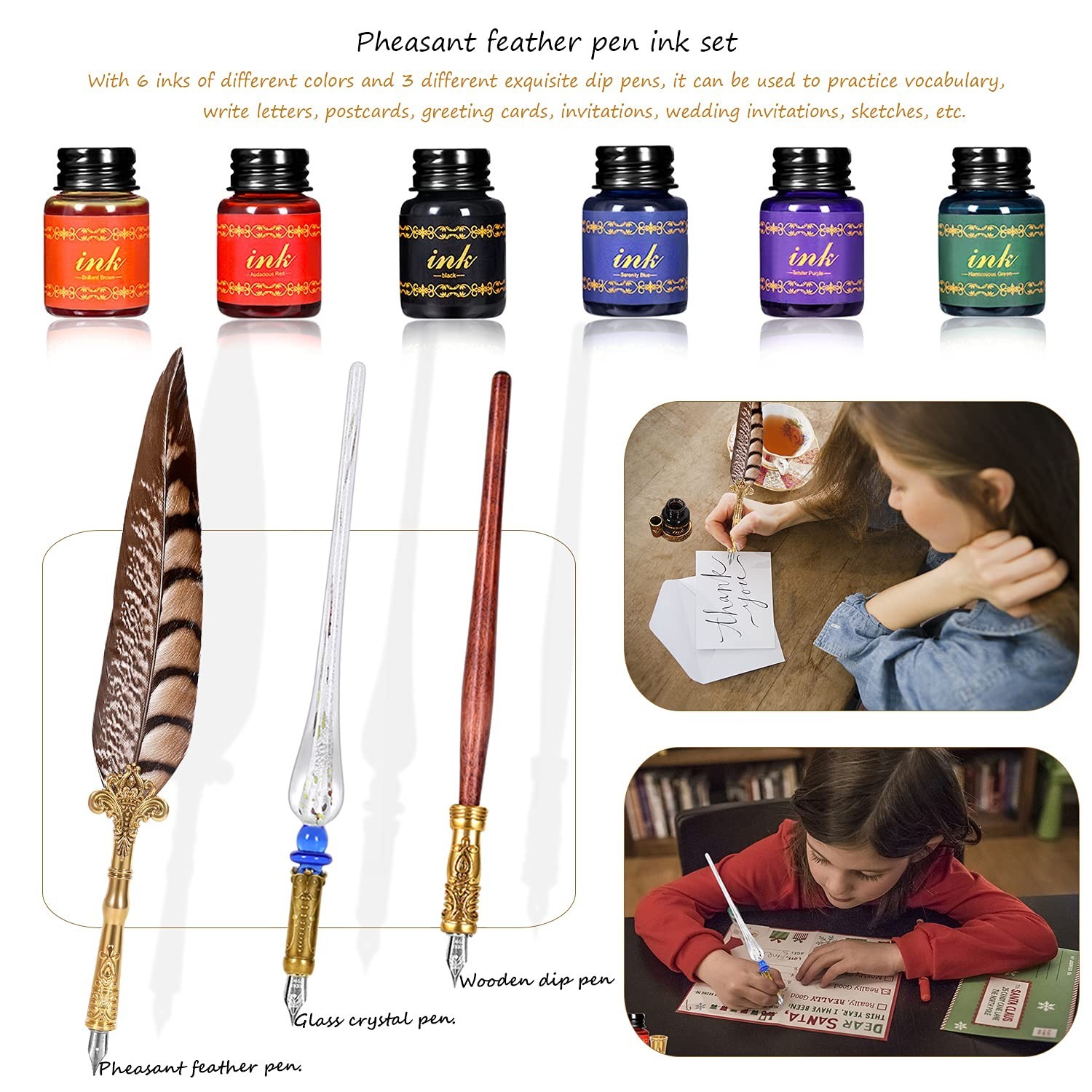 NC Quill Pen Ink Set,includes quill pen,wooden And glass dip pen,6 bottles in…