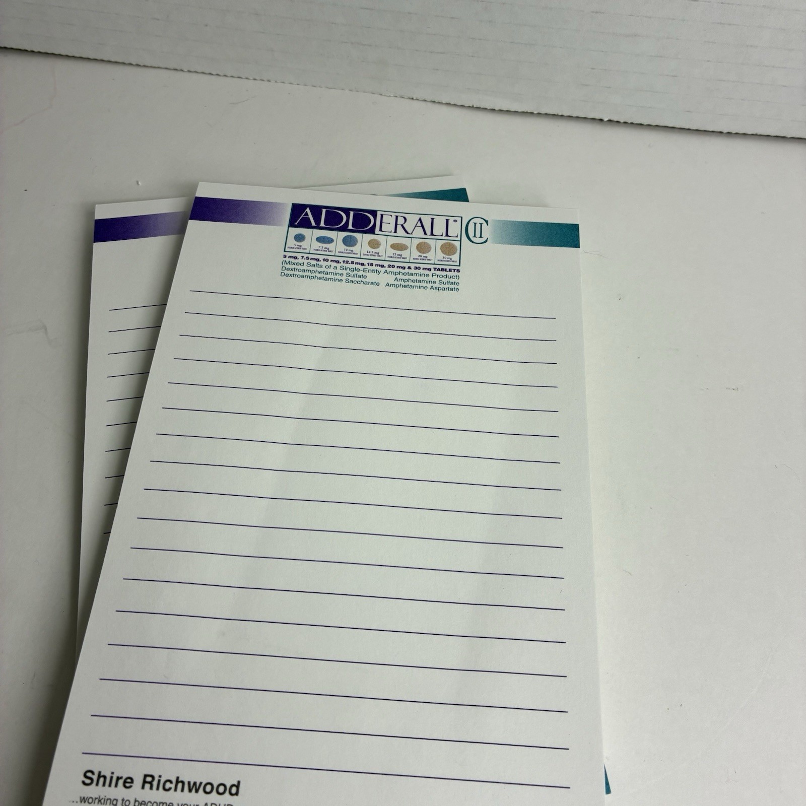 Lot Of 2 Vintage ADDERALL Note Pads Drug Rep Swag Pharmaceutical -Shire