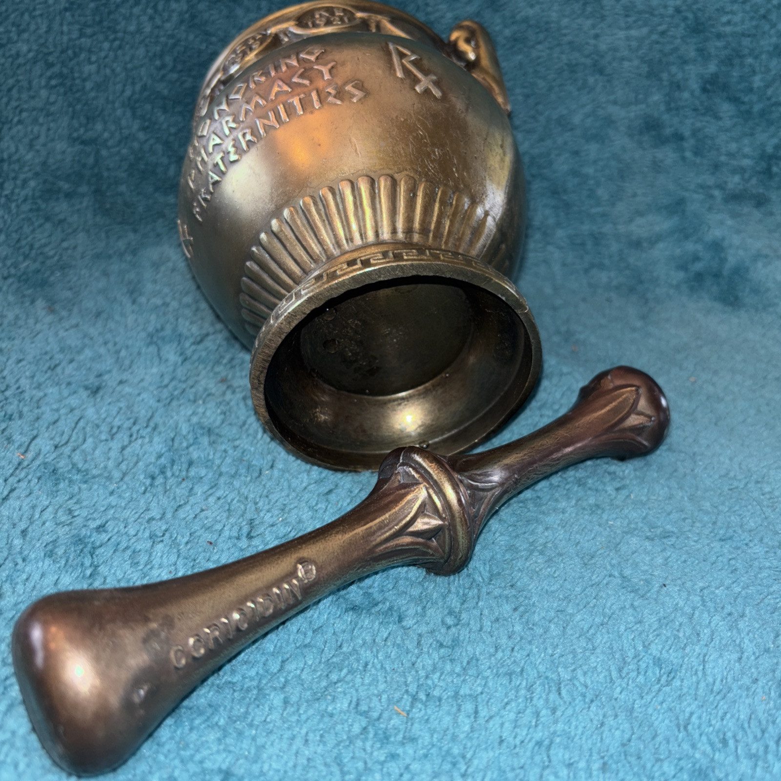 Vtg Heavy Brass Schering 5” Mortar & Pestle Coricidin Pharmacy Fraternities #OO