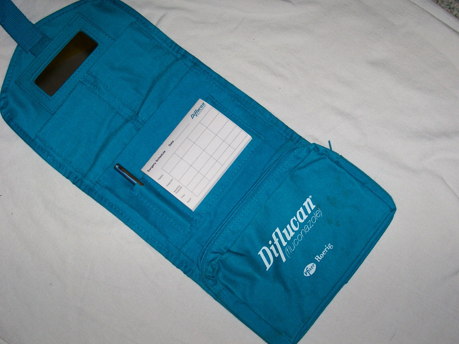 VINTAGE PFIZER DIFLUCAN PROMOTIONAL UTILITY BAG NOTE PAD-PEN CANVAS TEAL BLUE