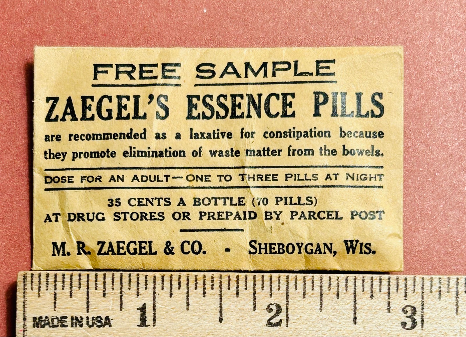 Antique Sample Historical Medicine ZAEGEL’S ESSENCE PILLS LAXATIVE Sheboygan WIS