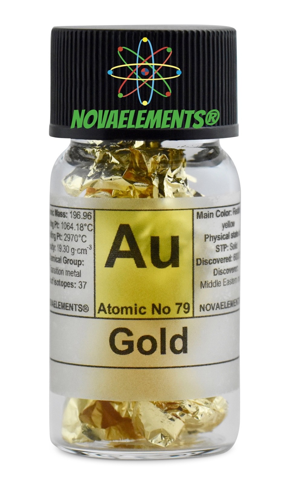 Gold metal 99.99% (24K) element 79 Au foil in fulfilled and labeled glass vial