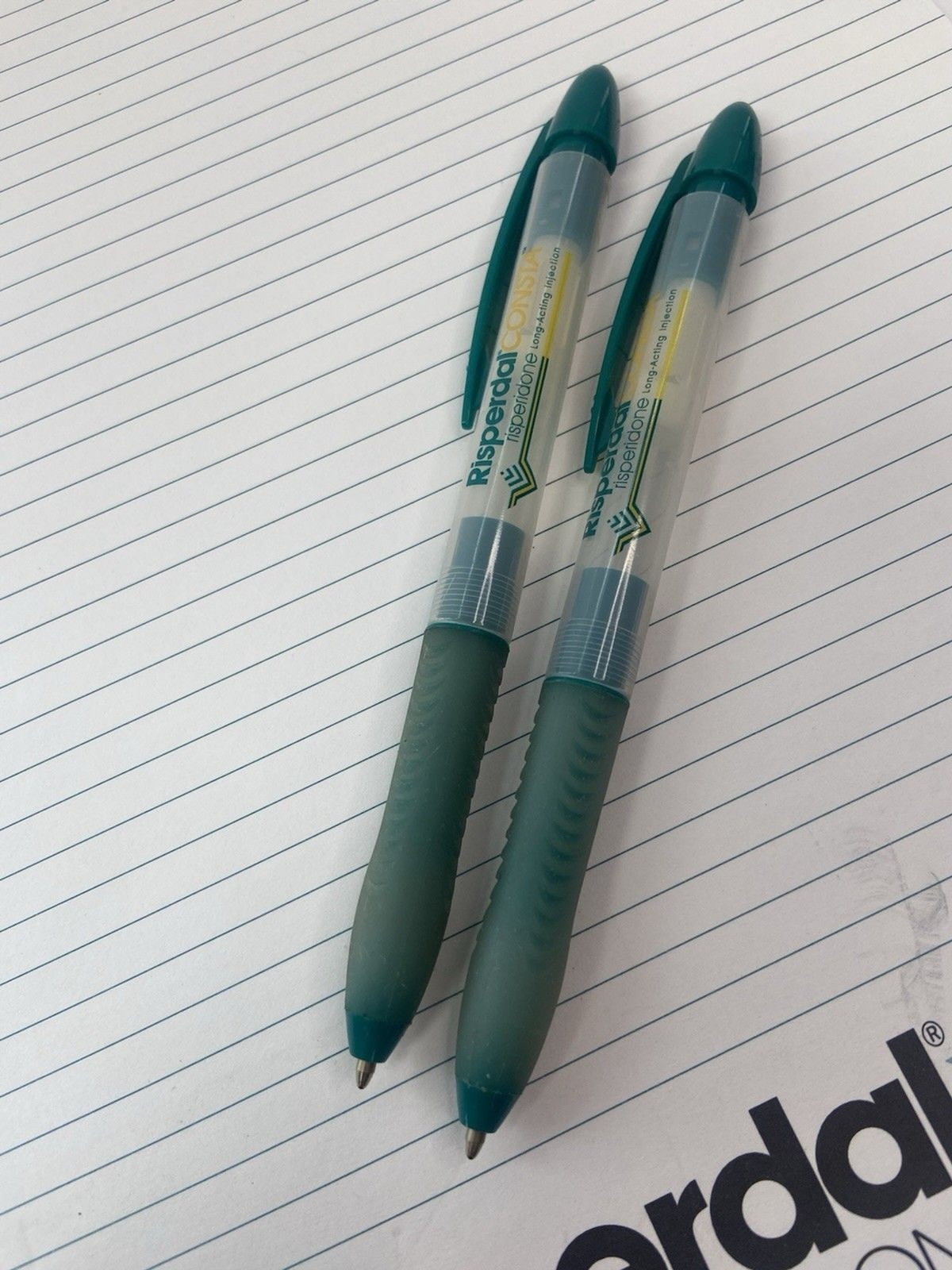 Lot of 2 Risperdal Medical Drug Rep Pharmaceutical Pens White Green And Notepad