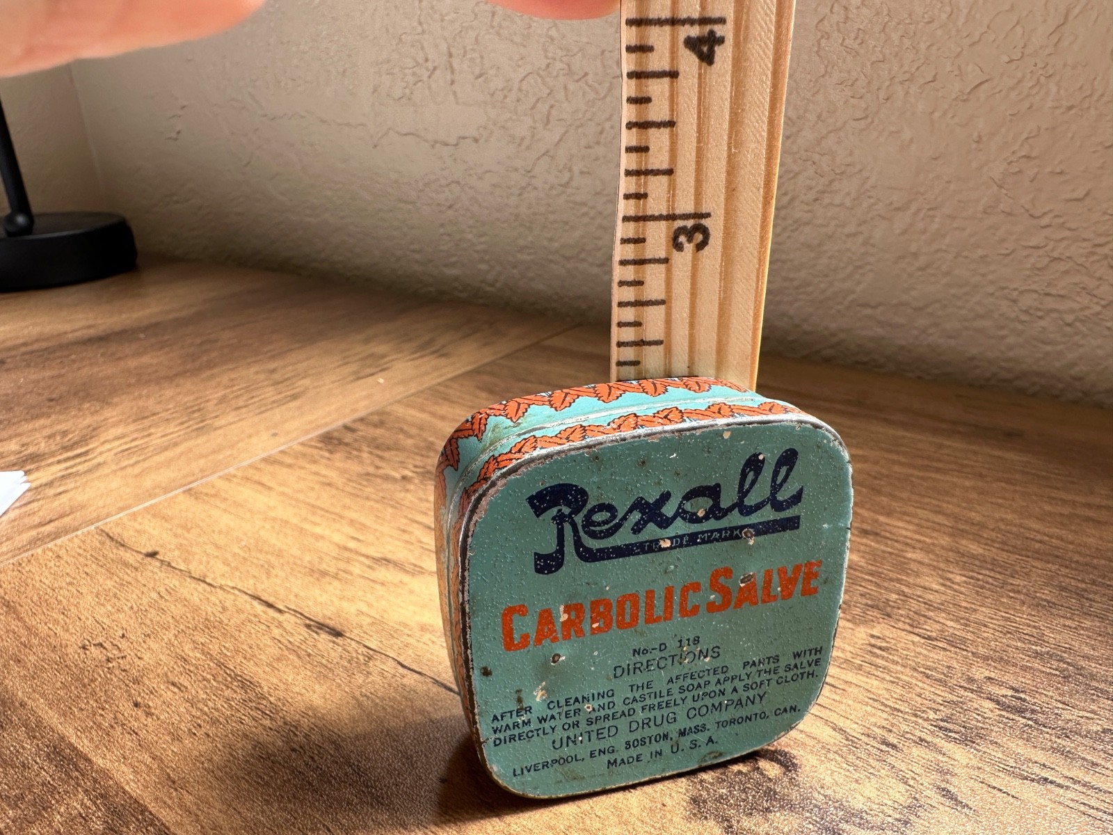 Vintage Pharmacy Decor Rexall Carbolic Salve In Square Tin Blue Made in USA