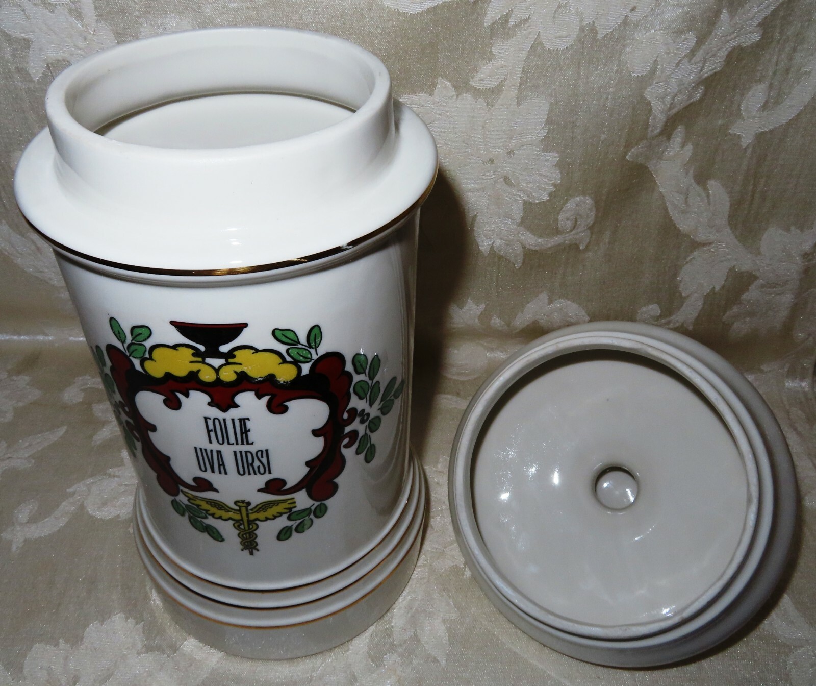 Apothecary Jar “Foliae Uva Ursi” Mid 1900’s Fine Porcelain 11.5 ” Height