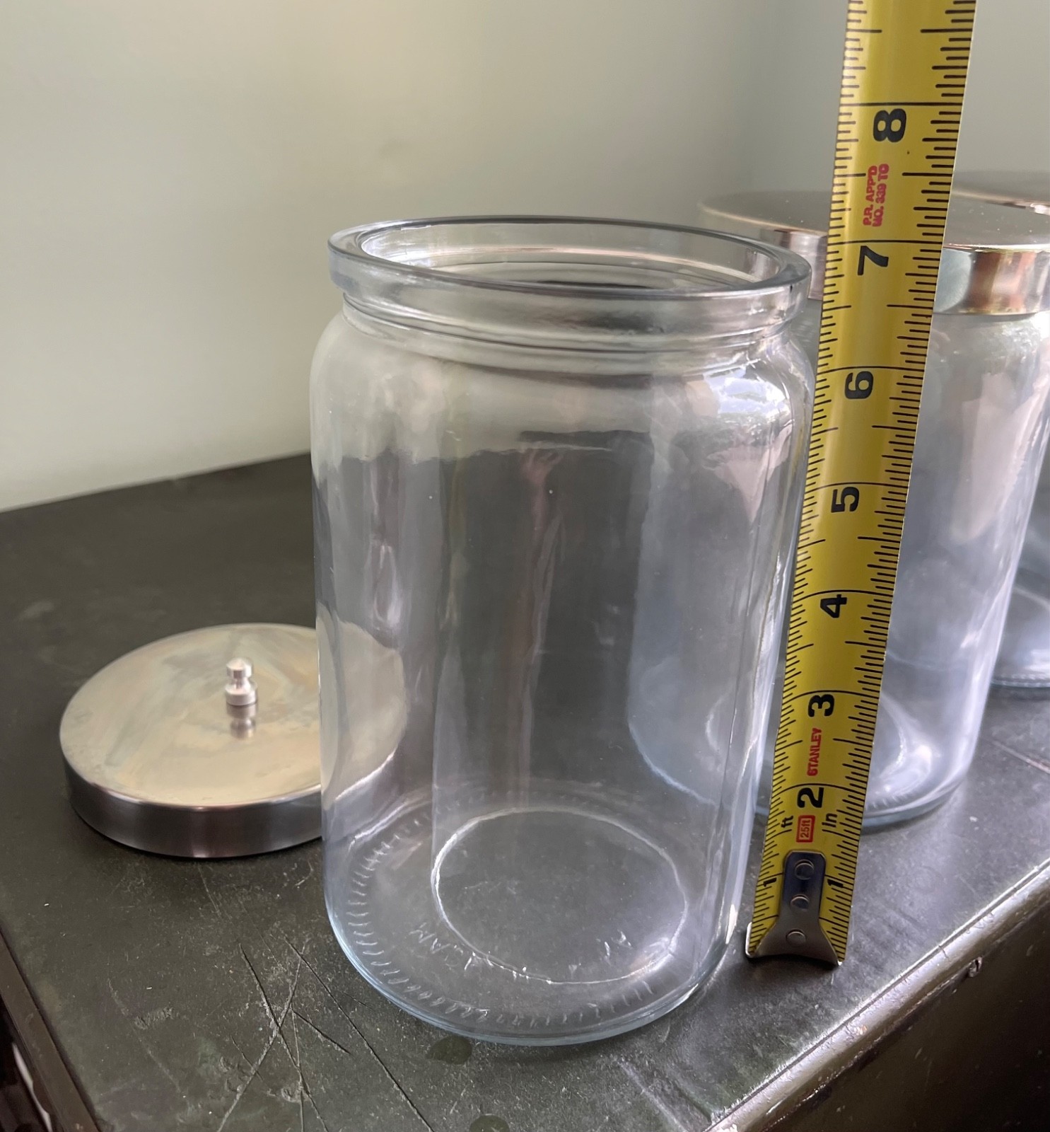 Set of 4 Medical Sundry Glass Jar, 4-inch outside diameter, used. LOT