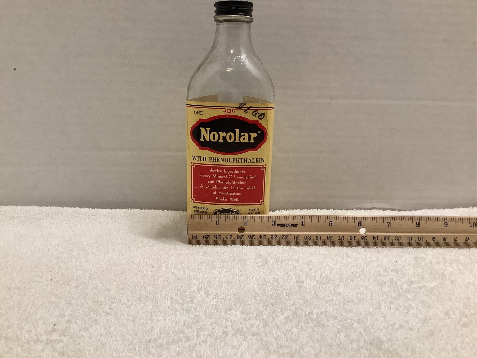 Vtg 1 Pint Pharmacy Glass Bottle Norolar Mineral Oil Constipation Remedy Empty