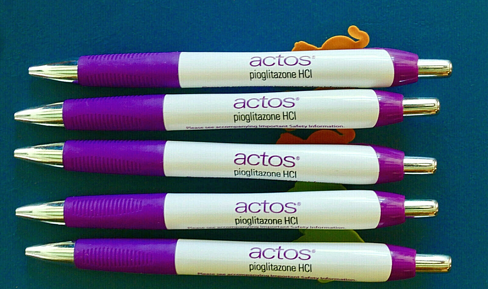 DRUG REP PENS NEW ACTOS pioglitazone CHL 5 pc Lot Purple PHARMA Green & Orange