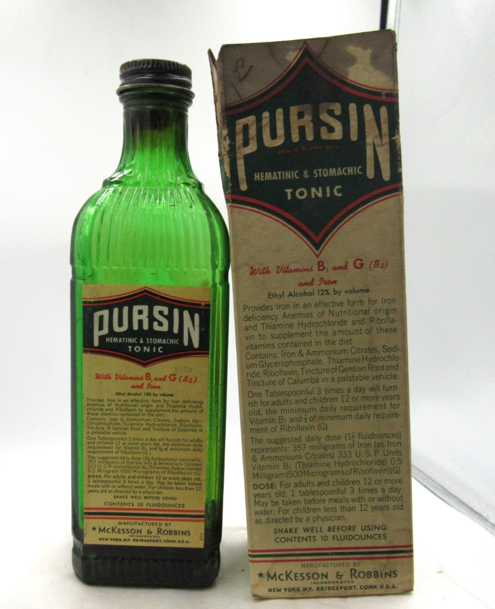 WVA – 1930’s McKesson & Robbins Pursin Bridgeport Conn New York 8″ Green Bottle