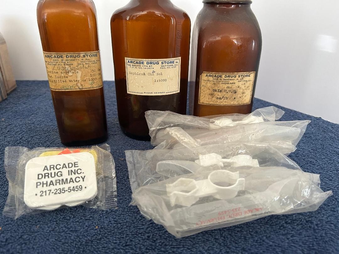 3 Vintage Brown glass bottles from Arcade Pharmacy Mattoon, IL Geo Bennett RPh