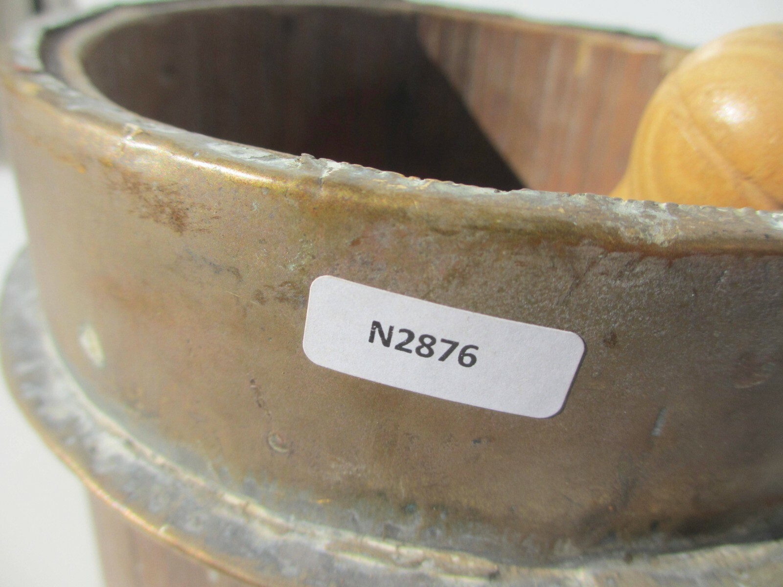 Antique Wooden Mortar and Pestle Barrel Brass Strap Vintage Old Wood French