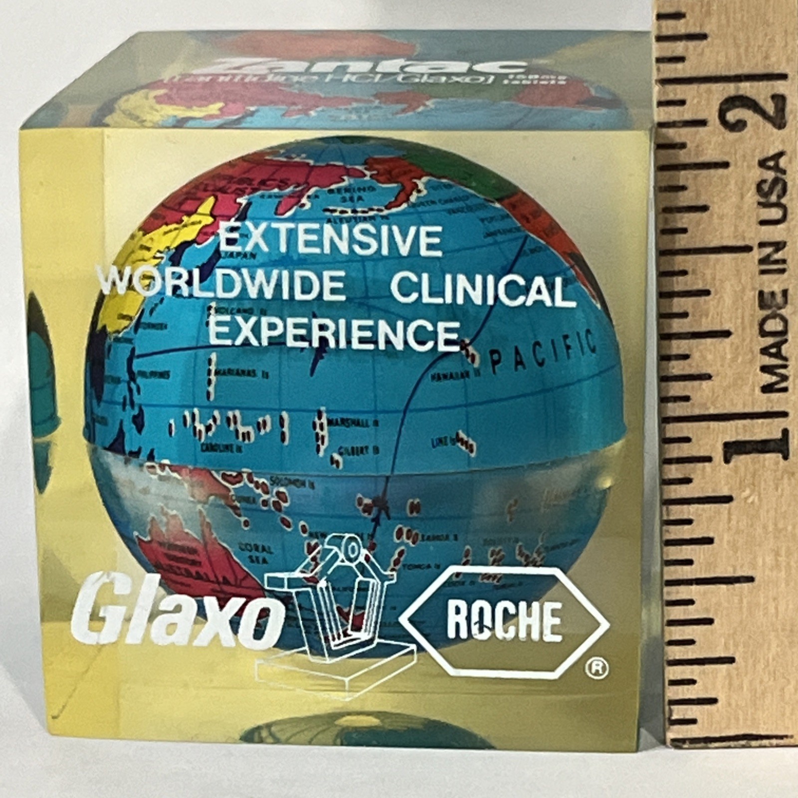 Vintage Zantac Glaxo Roche Pharmaceutical Acrylic Globe Paperweight 2” Square