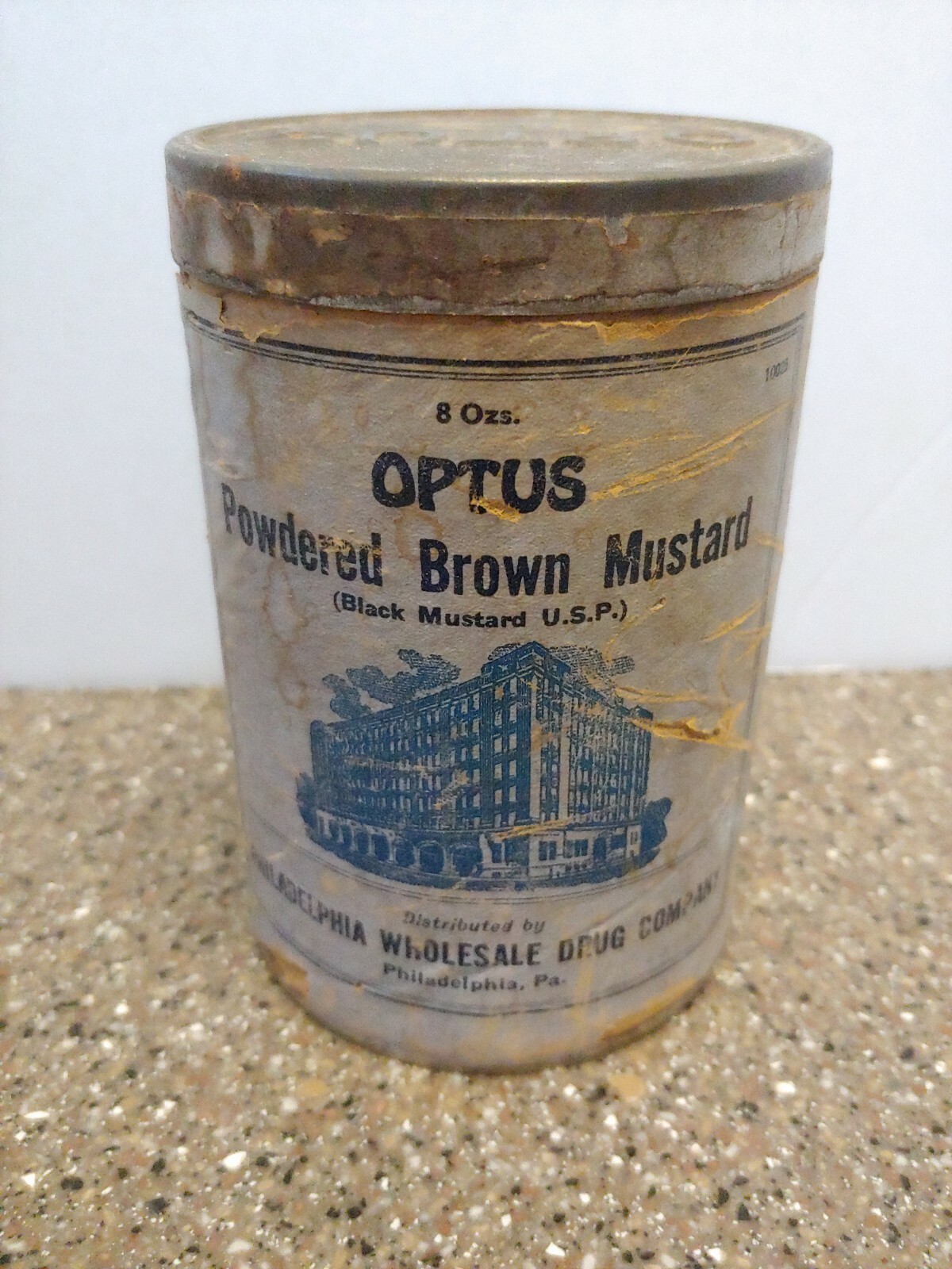 Vintage Medicine Container Optus Powdered Brown Mustard 8oz Empty Can