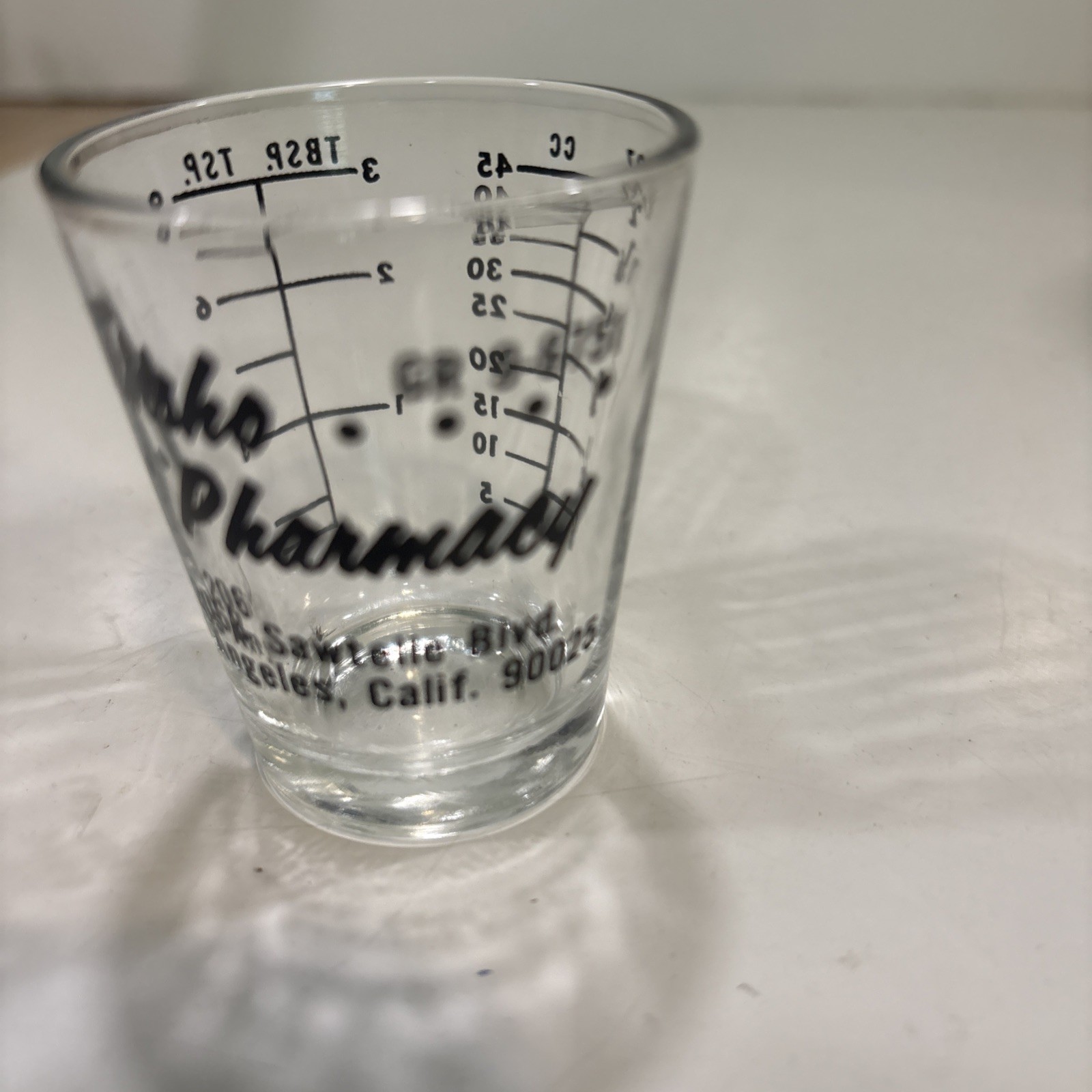 1960’s Advertising Medicine Dose Glass Cup Tensko PHARMACY Los Angeles Calif