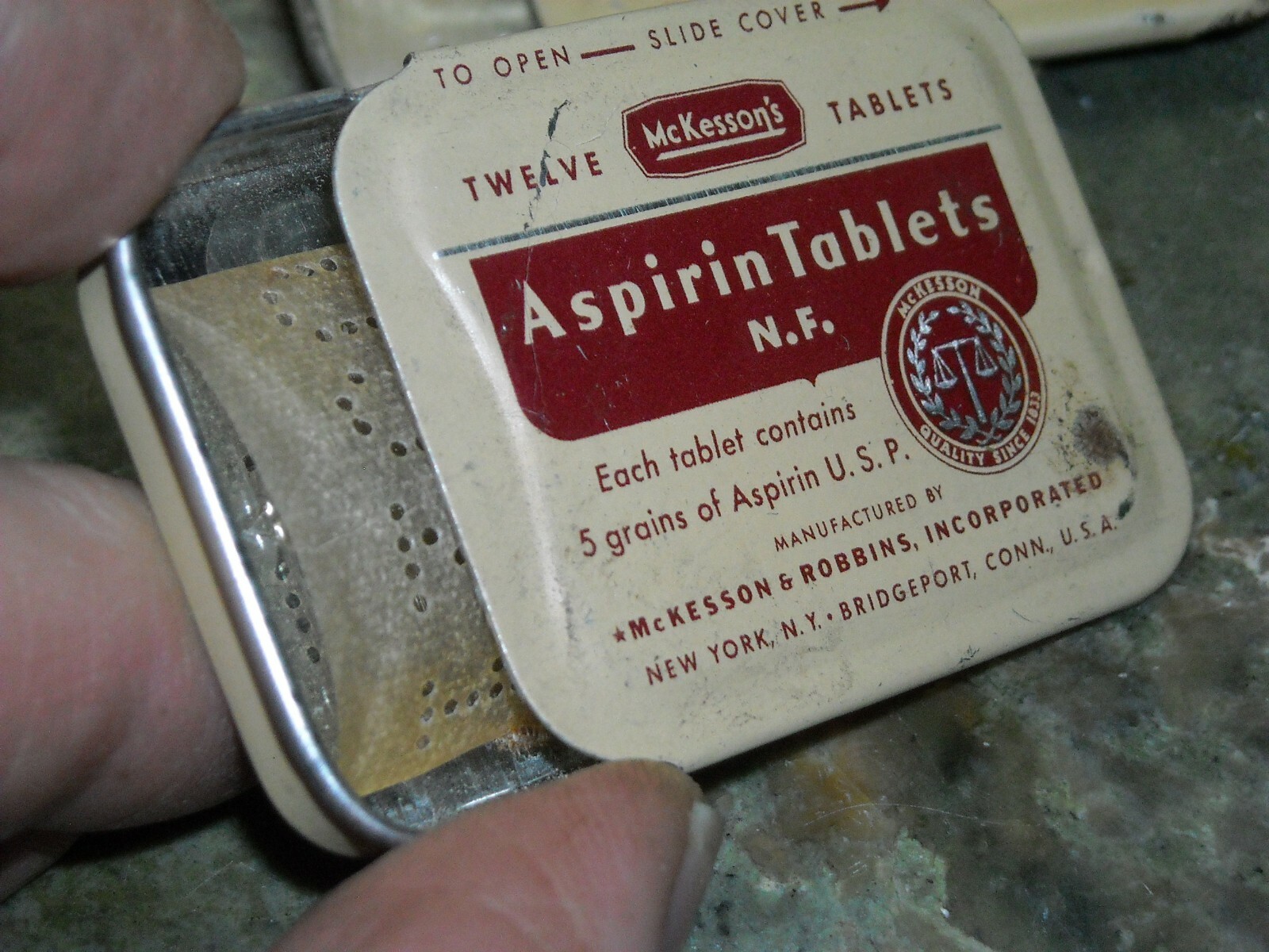 2 Vintage McKessons aspirin tablets tins slide top 1 7/8 X 1 7/16