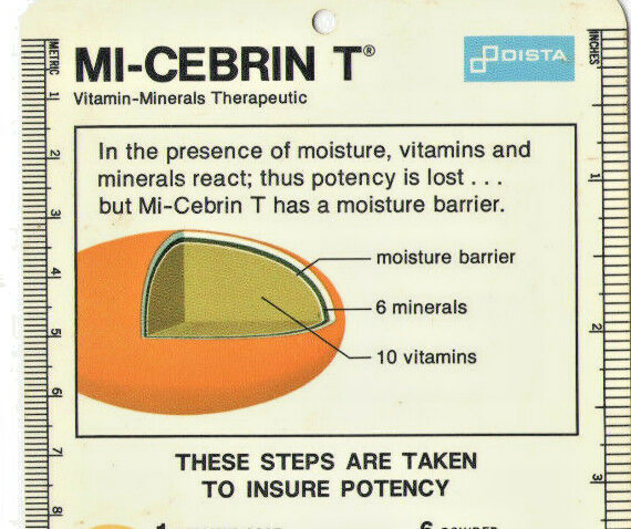 VTG 1974 ELI LILLY MI-CEBRIN-T VITAMIN-MINERALS PILL ADV RULER & WEIGHT CHART!