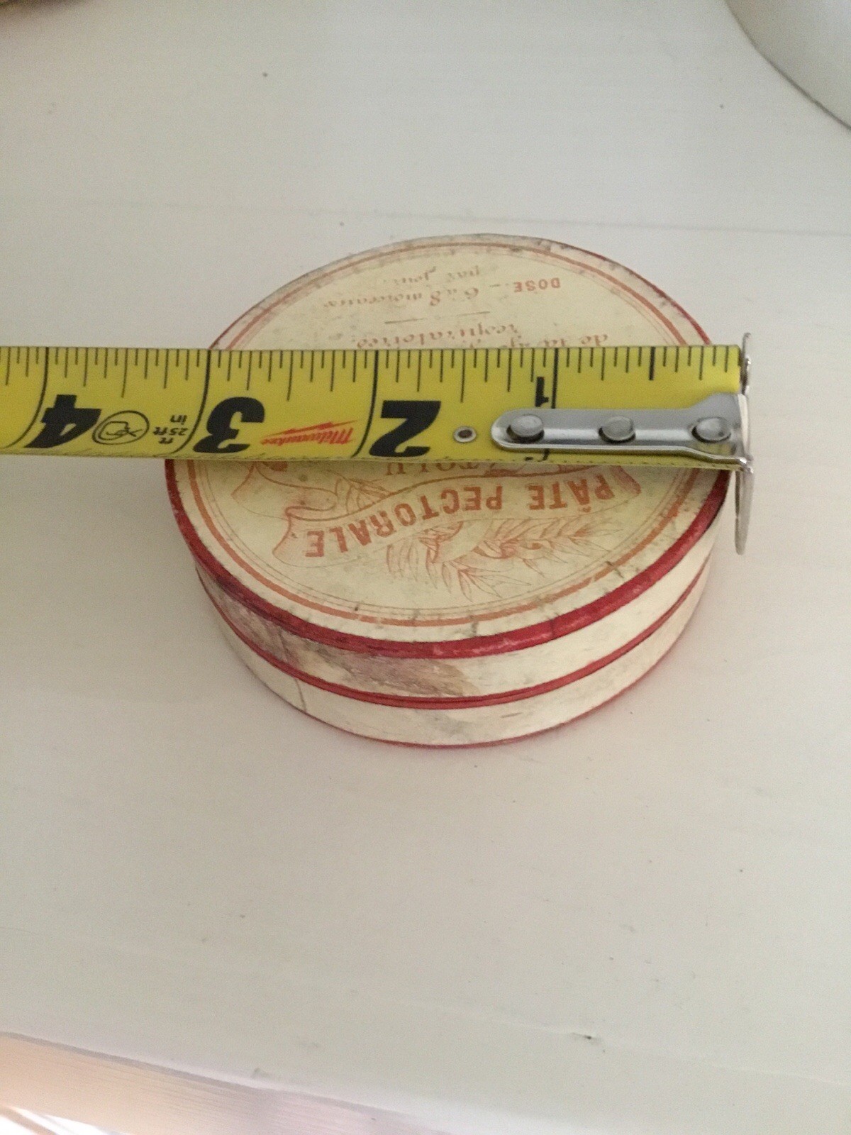 Vintage FRENCH Pharmacie Round Cardboard Container Red PATE PECTORALE Codeine