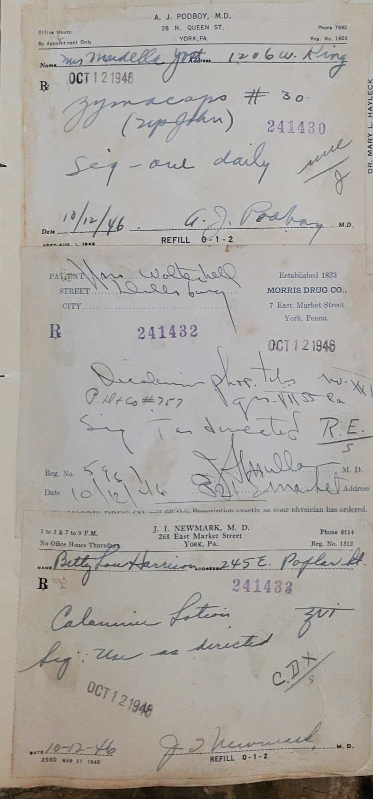 1946 2-sided Pharmacy Ledger Page – 20 vintage prescriptions – Sulfedex