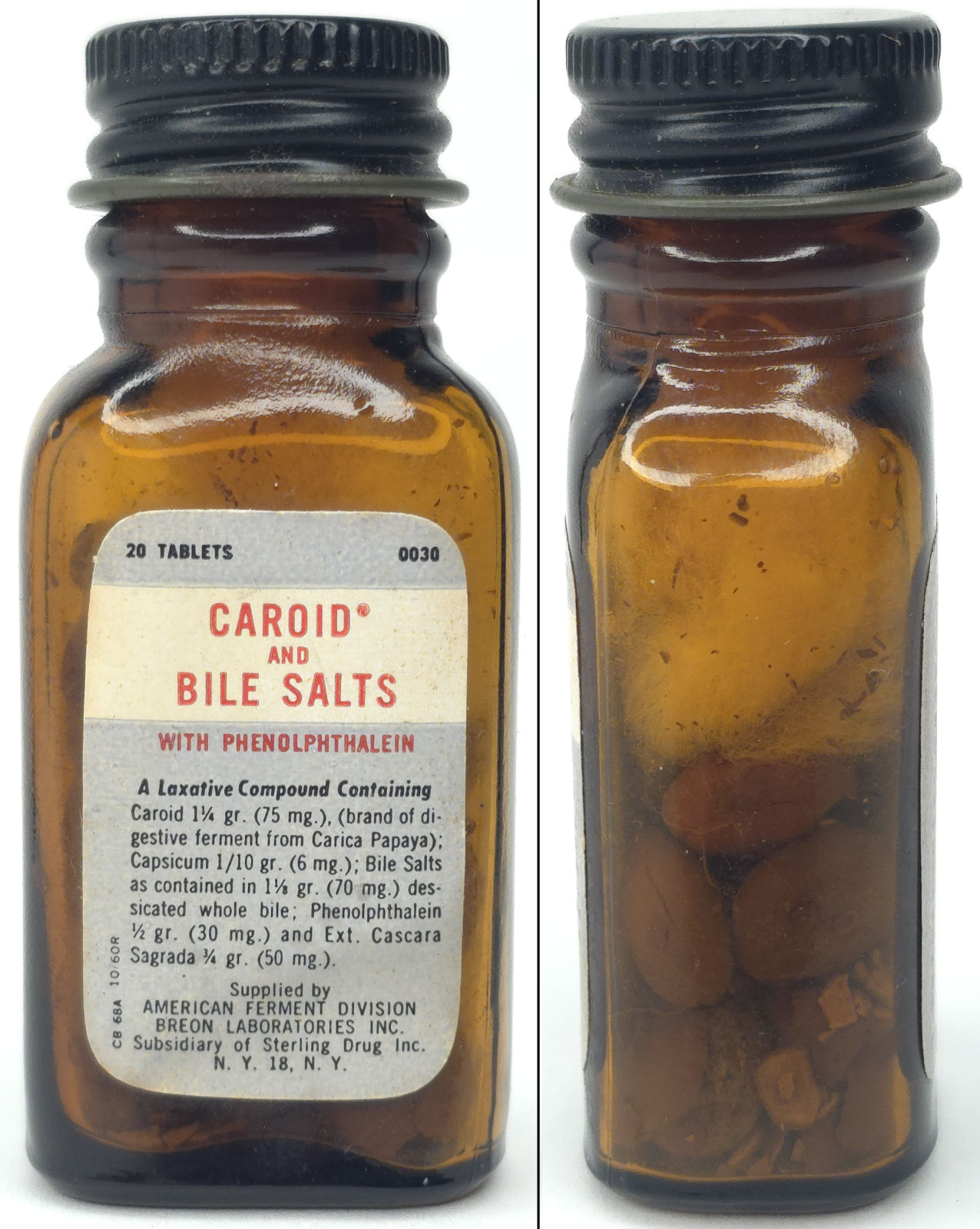 C1960s NOS Caroid Bile Salts Advertising Sterling Drug Bottle American Ferment