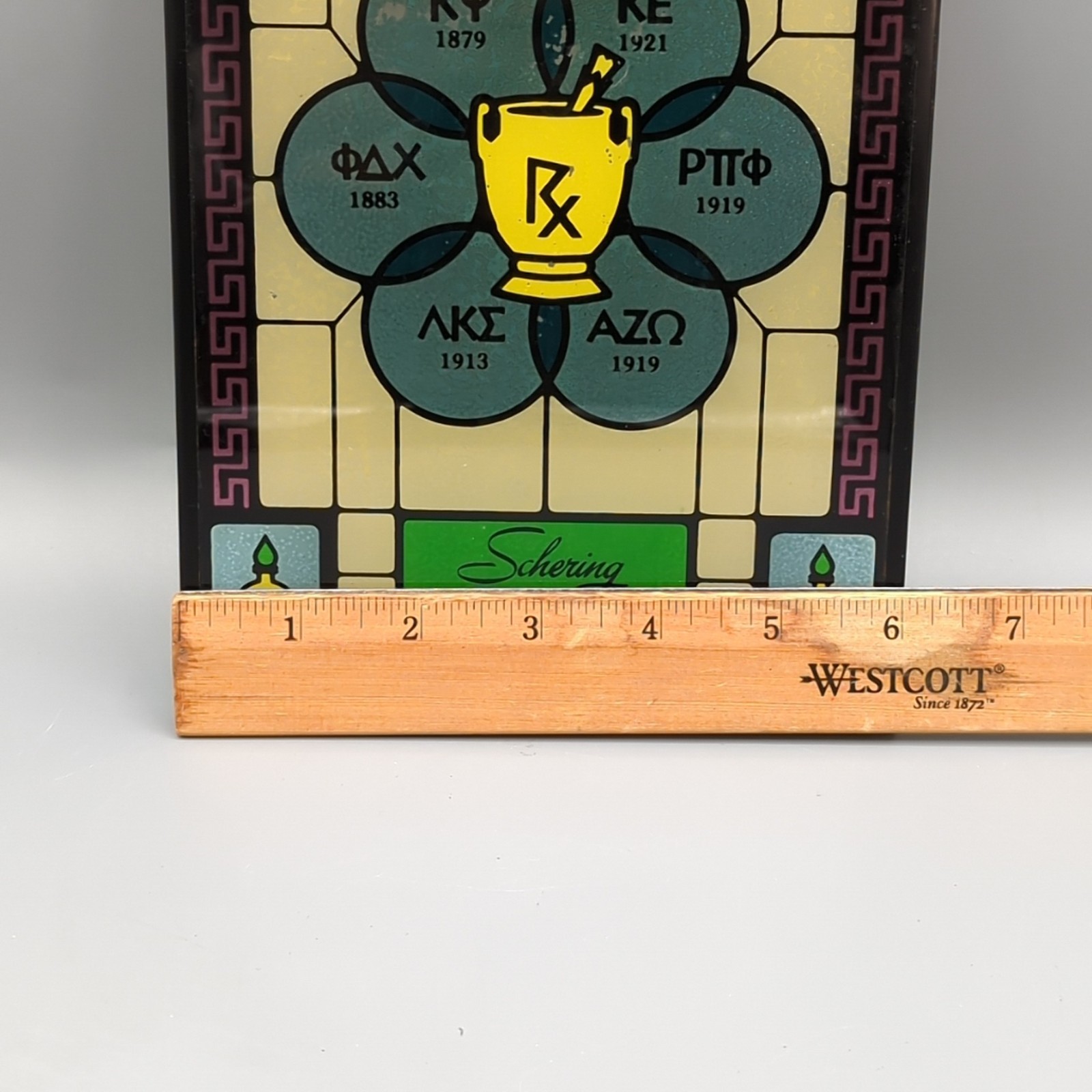Schering Pharmacy Fraternities Vintage Stained Glass Panel Advertising 9x6x1/4”