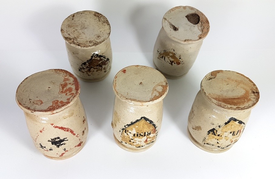 5 Rare Pharmacy Vessels / Cups, Ceramic, Southern Germany, About 1850 AL479
