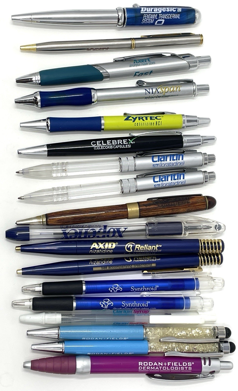 Lot of 18 Pharma Pharmaceutical Logo Ink Pens Duragesic Xopenex Axid Claritin