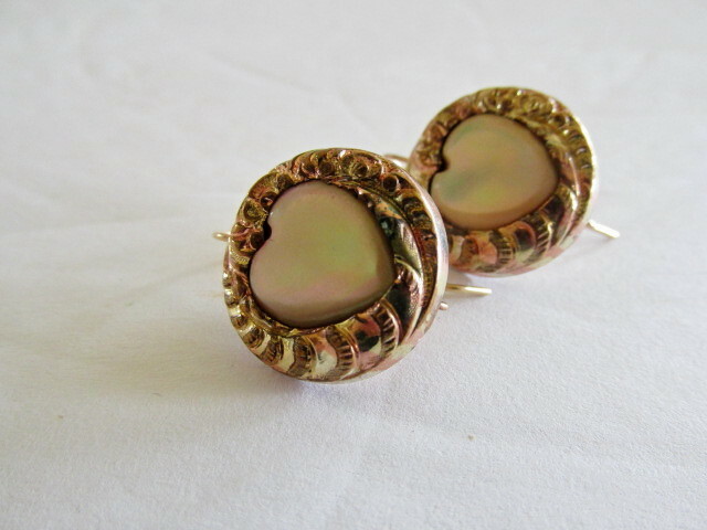 Vintage Mother of Pearl HEART Earrings Converted from Victorian Cuff Links .75″