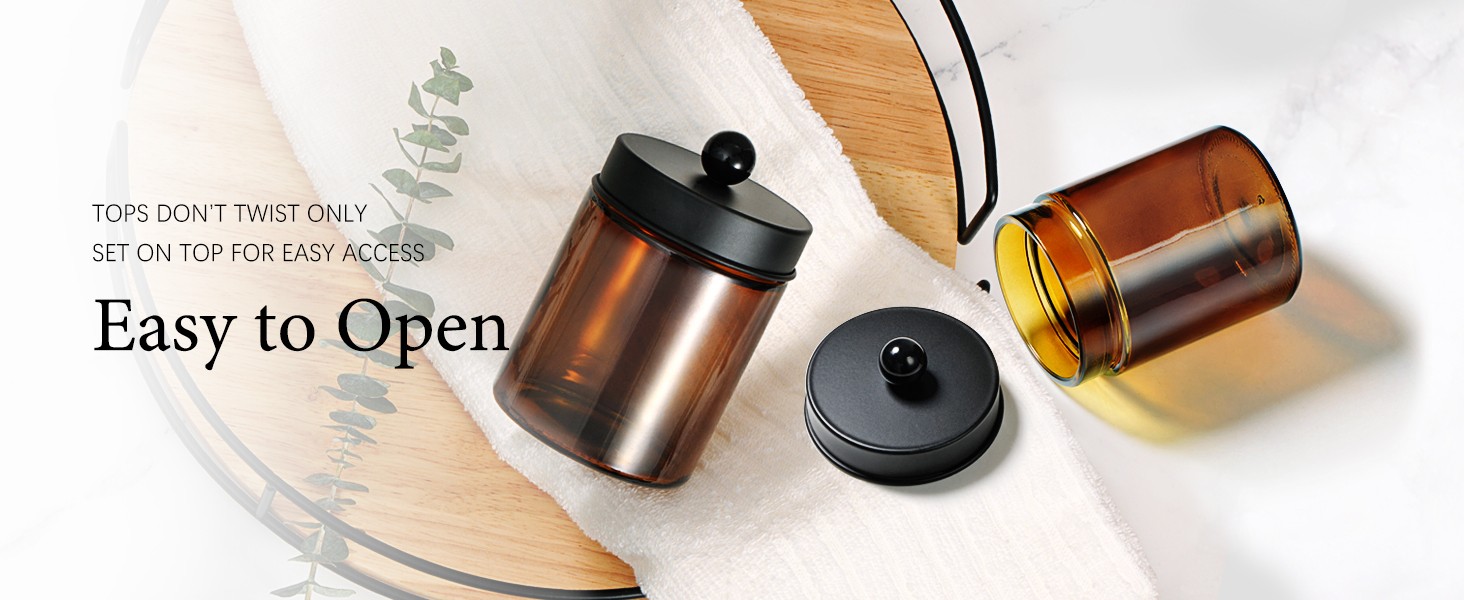 Amber Glass Qtip Holder, Apothecary Jars with Matte Black Metal Lid &