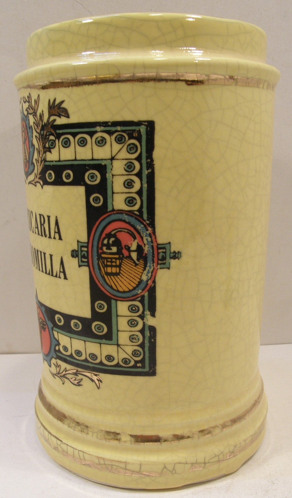 VINTAGE CERAMIC POTTERY APOTHECARY JAR W/LID MATRICARIA CHAMOMILLA PHARMACY