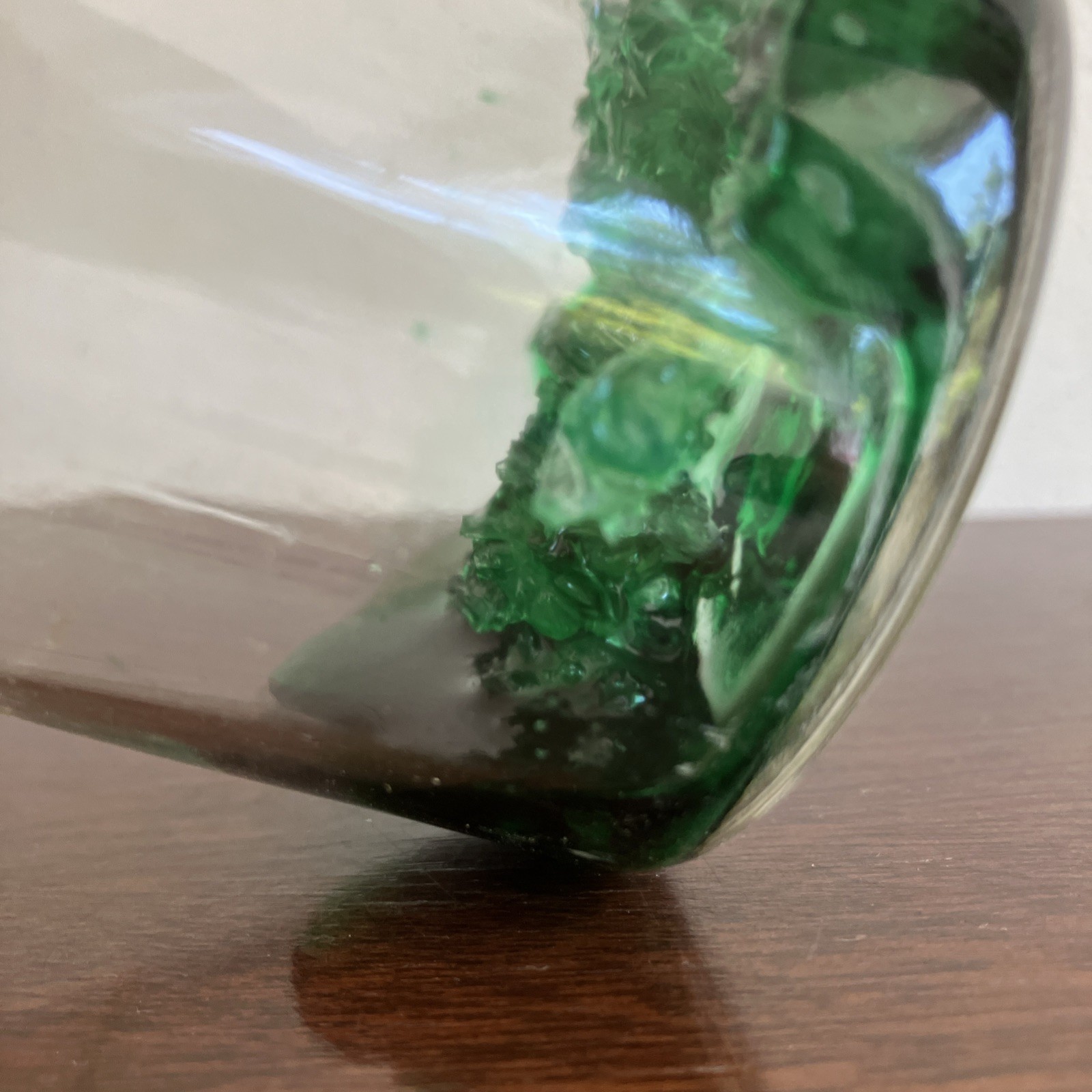 Antique Clear Glass Apothecary Bottle C1870, Green Stuff Inside! Cork Stopper