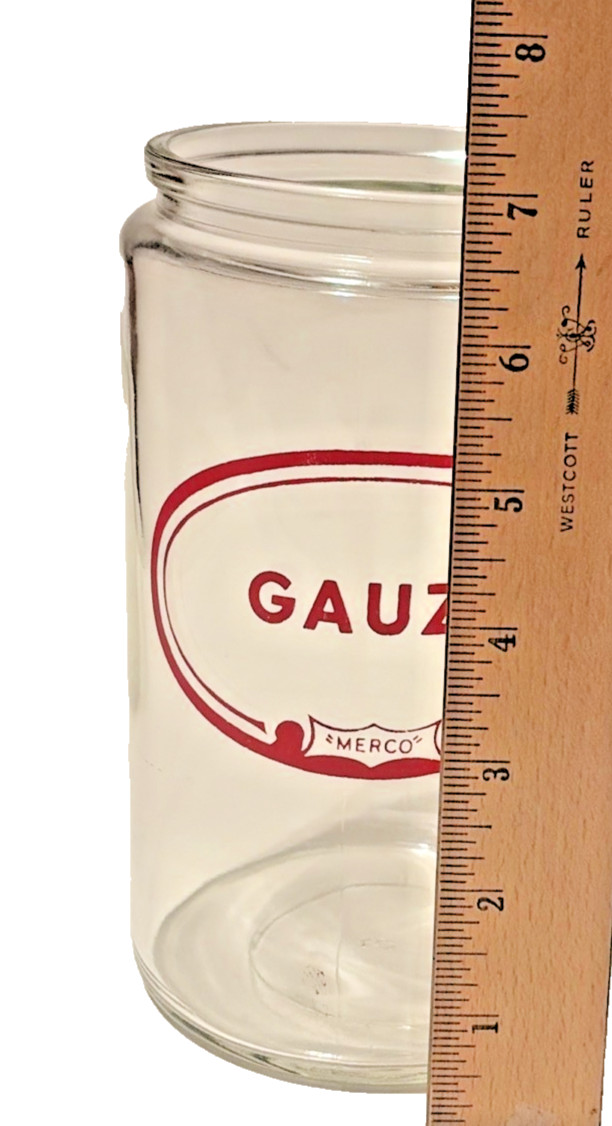 MERCO Gauze Glass Medical Apothecary Glass Jar with Lid 7.5″ Vintage READ / SEE*