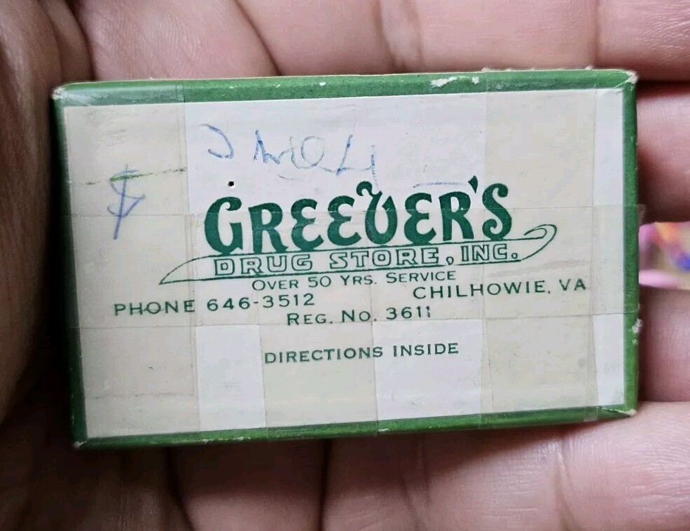 Vtg 1963 Greevers DRUG Store Prescription Drug Pill Box Chilhowie Virginia C27