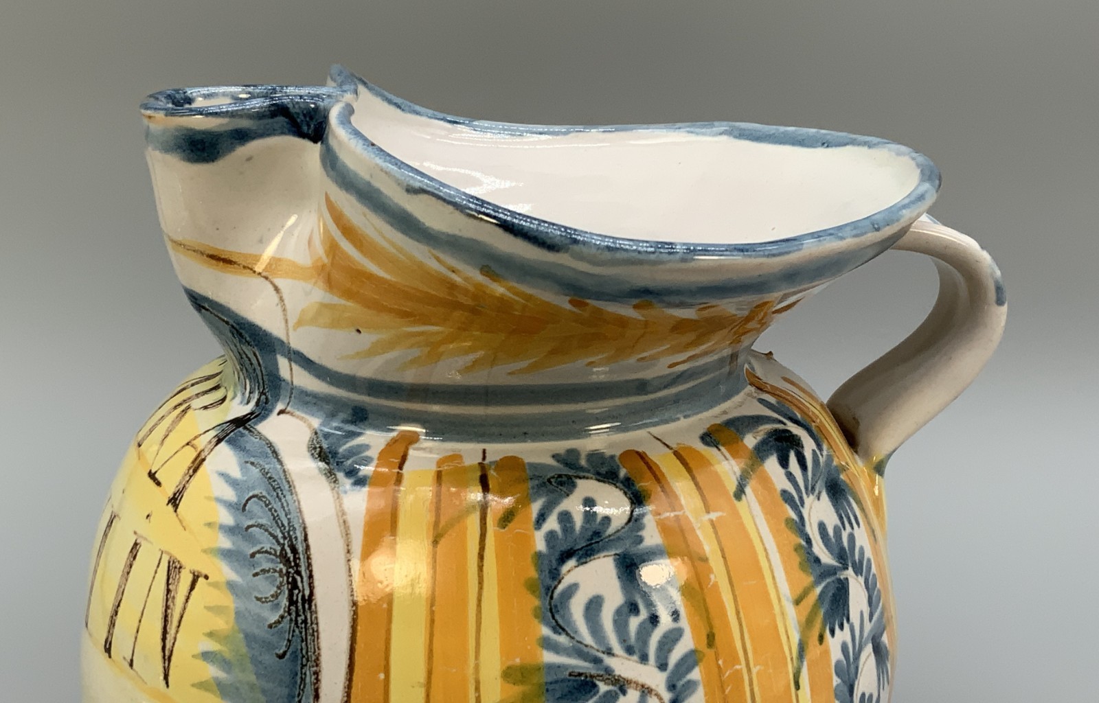 Italian Majolica Pharmacy Jug Polychrome, Mangonese & Yellow 19thC Delft Faience