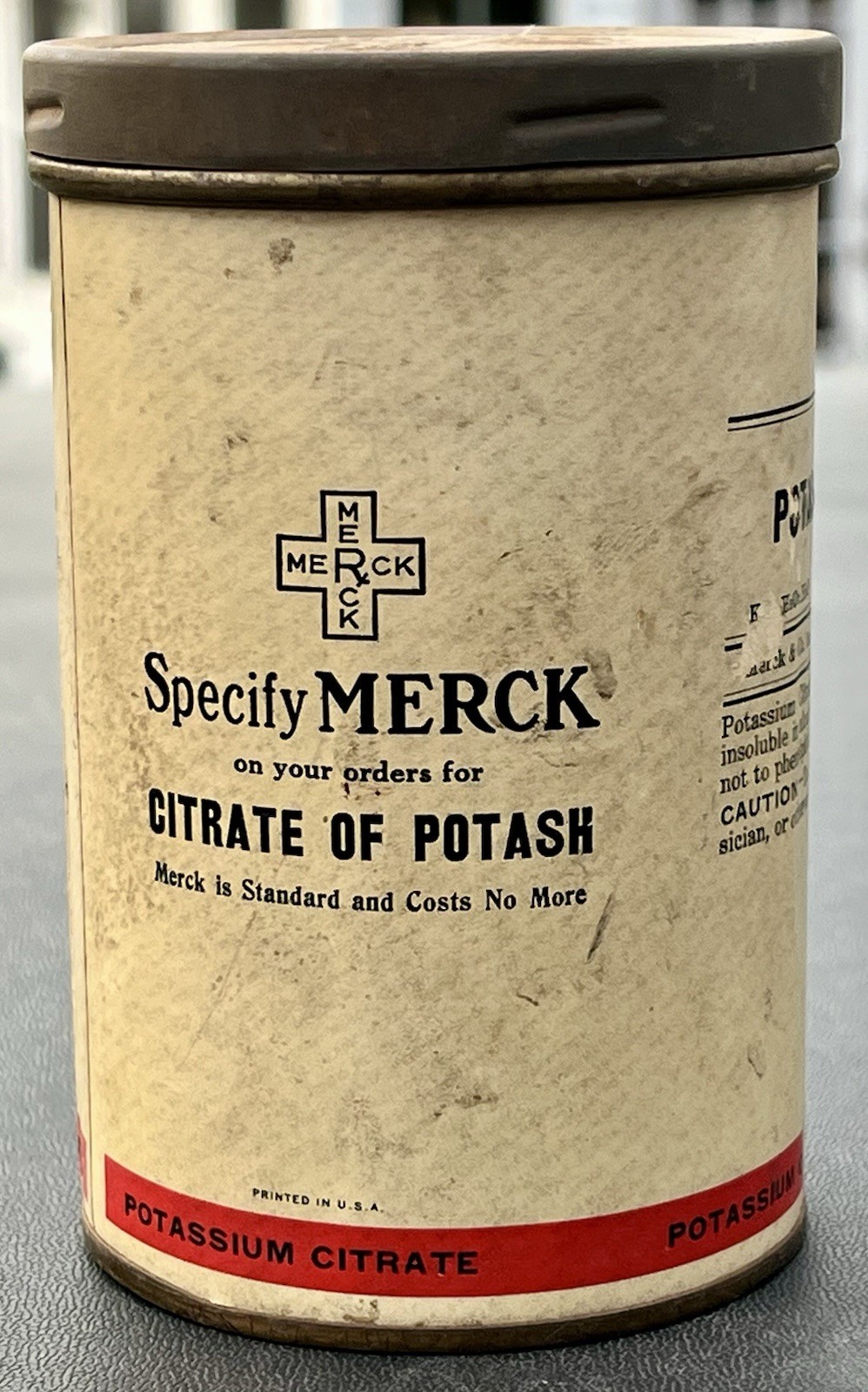 Antique Pharmaceutical “Specify Merck” CITRATE OF POTASH 5″ Paper & Metal Can