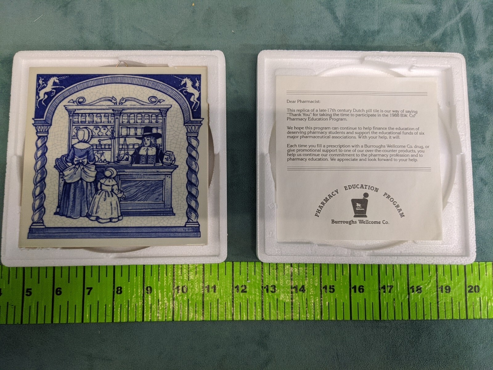 VINTAGE BLUE HANDMADE PILL TILE BURROUGHS WELLCOME CO. 1988 Pharmacy Education