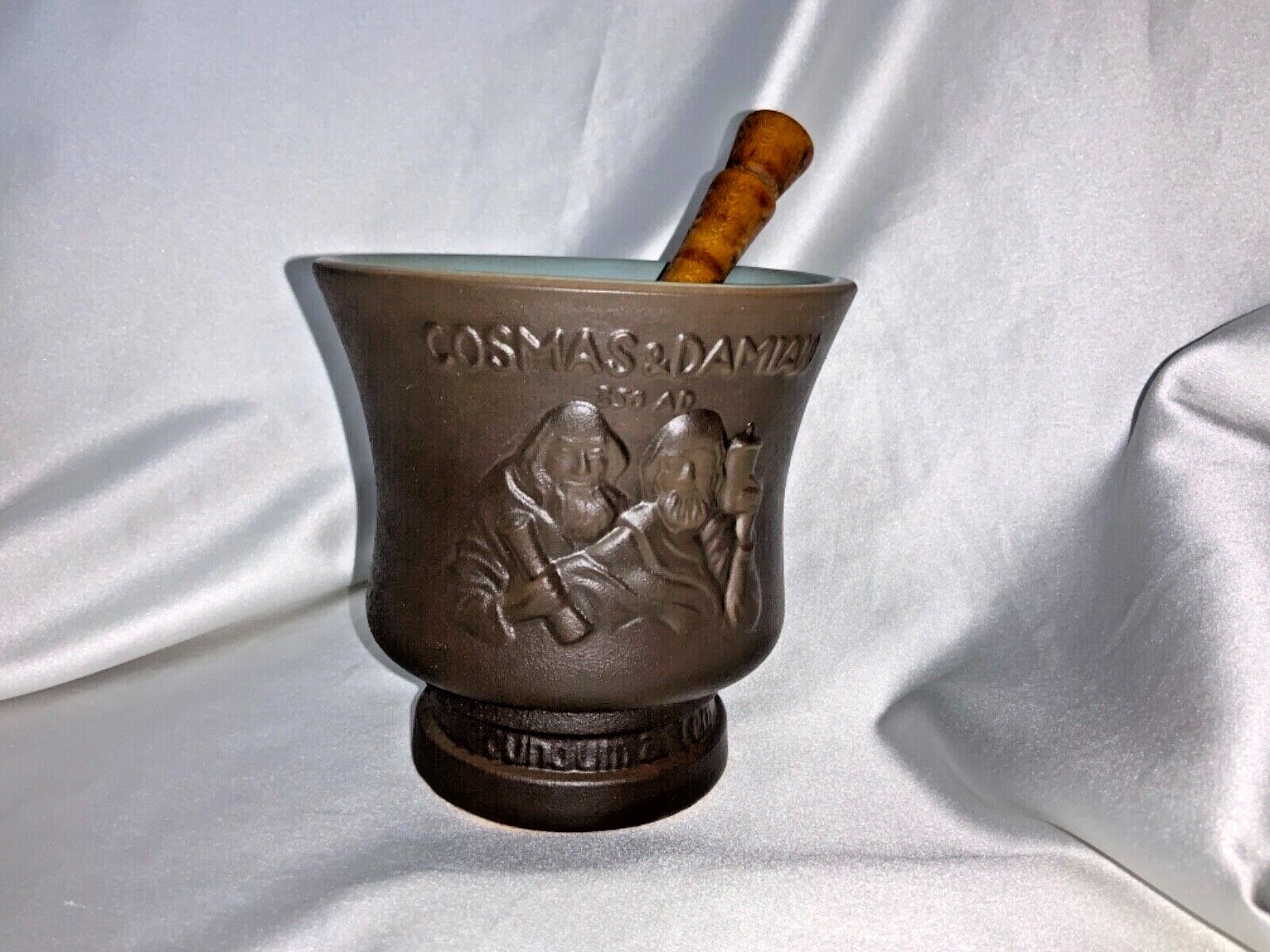COSMAS & DAMIAN Pharmacy Motar & Pestle Porcelain RX wood Pestle CORICIDIN