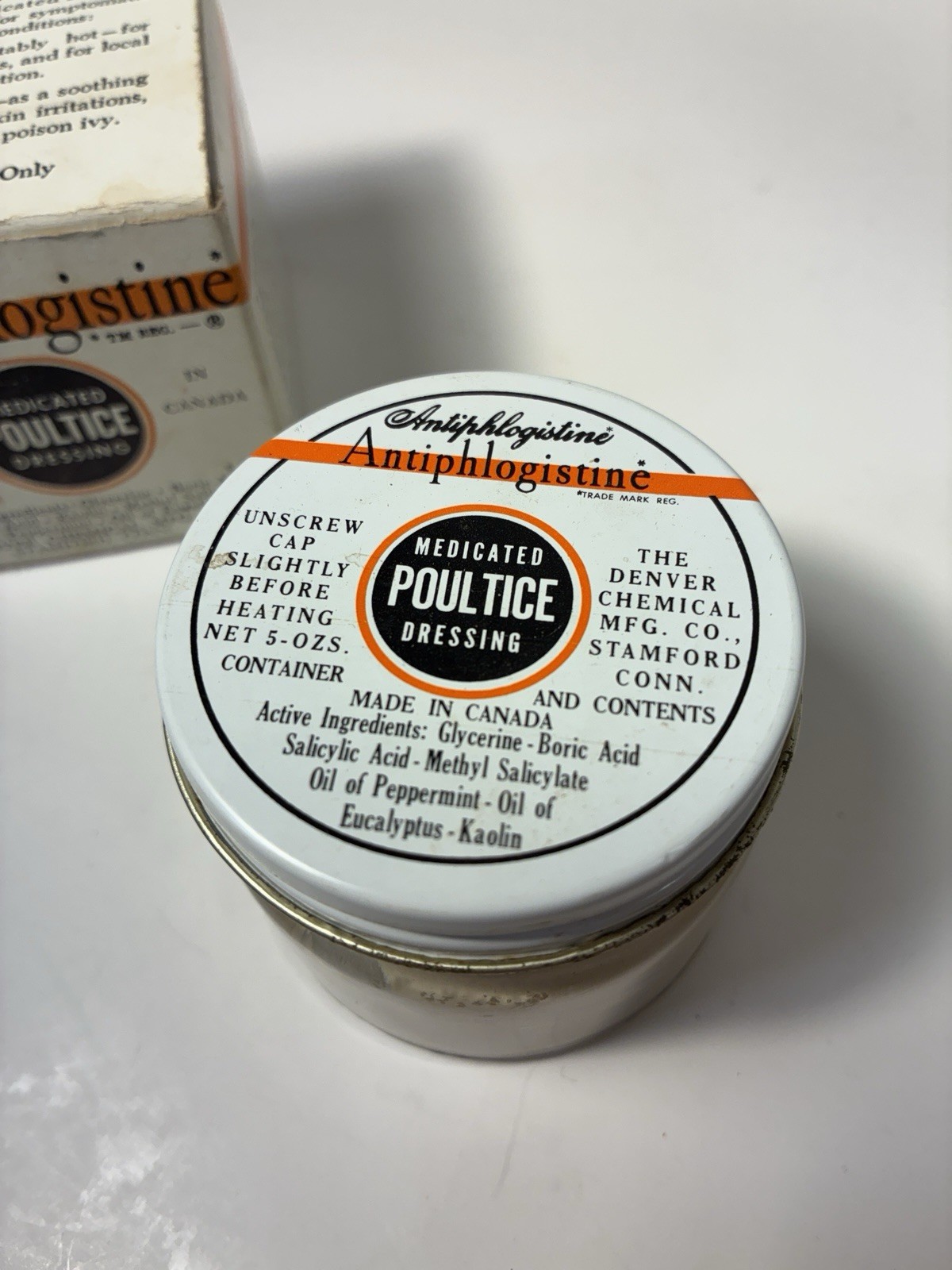 Vtg Antiphlogistine Medicated Poultice Dressing Denver Chemical Canada Glass box