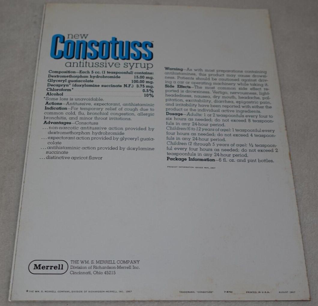 Consotuss Cough Syrup Medicine Merrell 1960s Original Advertisement